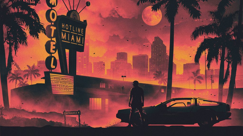 Hotline Miami retro motel silhouette car synthwave neon cityscape full moon digital art wallpaper