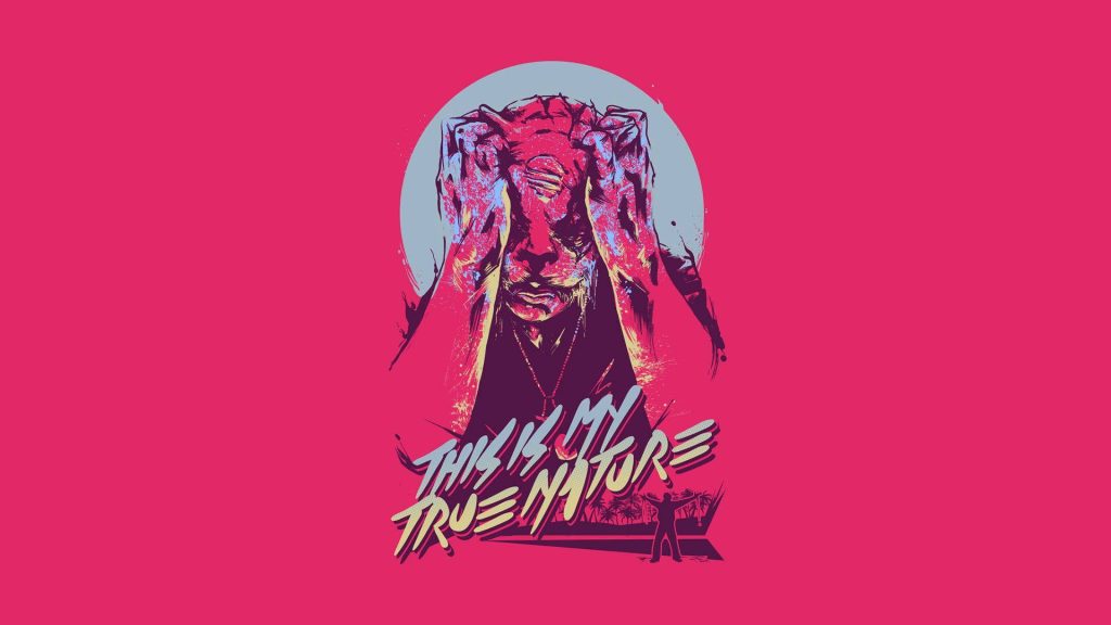 Hotline Miami Tony tiger mask retro synthwave wallpaper with bold pink distressed pose and text