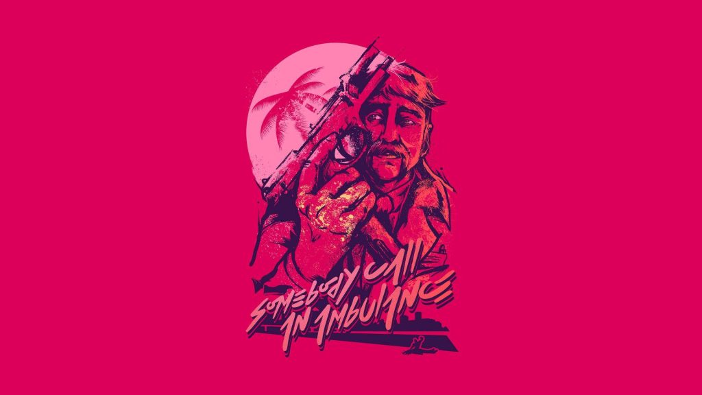 Hotline Miami style wallpaper hot pink mustached man with handgun palm tree retro action text