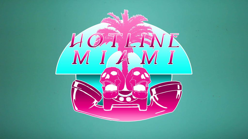 Hotline Miami wallpaper neon synthwave with palm tree twin skulls retro phone teal background