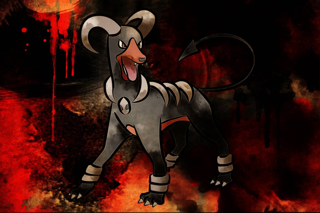 Houndoom digital art with dark fire type fierce Pokémon on black and blood-red abstract background Wallpaper