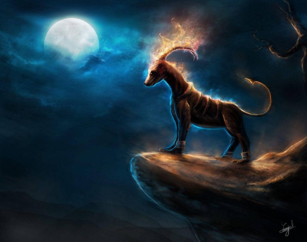 Houndoom with flaming horns on cliff under full moon dark fire type Pokémon night wallpaper