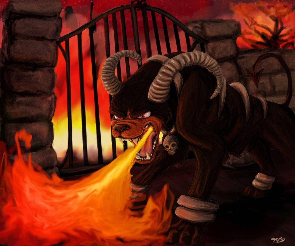 Houndoom digital art wallpaper fiery hellscape aggressive dark Pokémon breathing fire