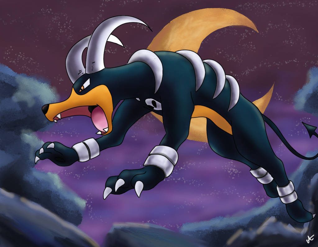 Houndoom leaping under crescent moon with bone armor against starry purple night sky wallpaper