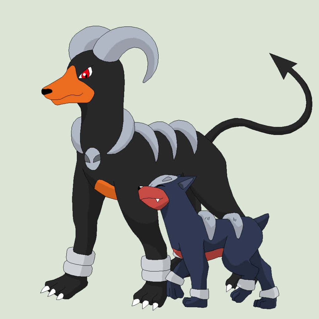 Dark-type Pokémon Houndoom and Houndour side by side minimalist wallpaper mobile background