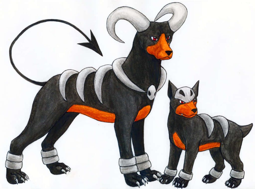 Hand-drawn Houndoom and Houndour Pokémon illustration on white background minimalist wallpaper