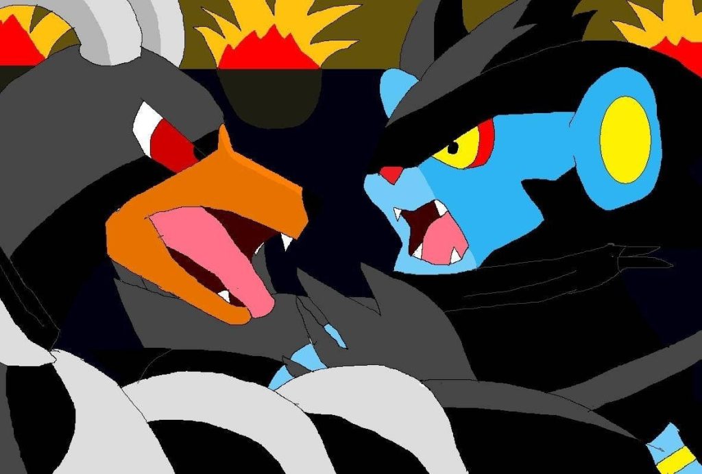 Houndoom and Luxray intense Pokémon battle fire electric type digital fan art wallpaper