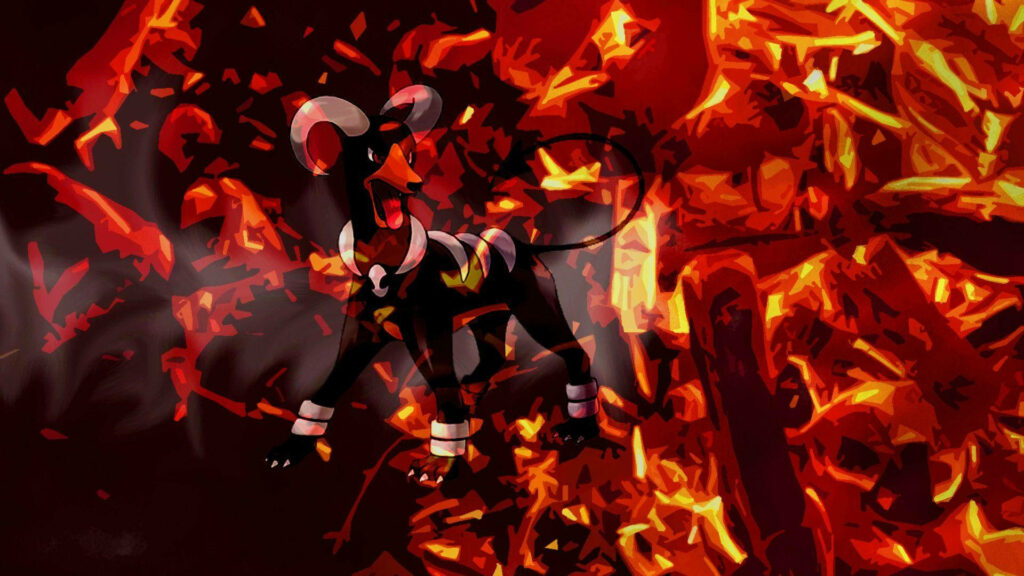 Inferno Guardian: Houndoom Embraced by Fiery Backdrop Wallpaper