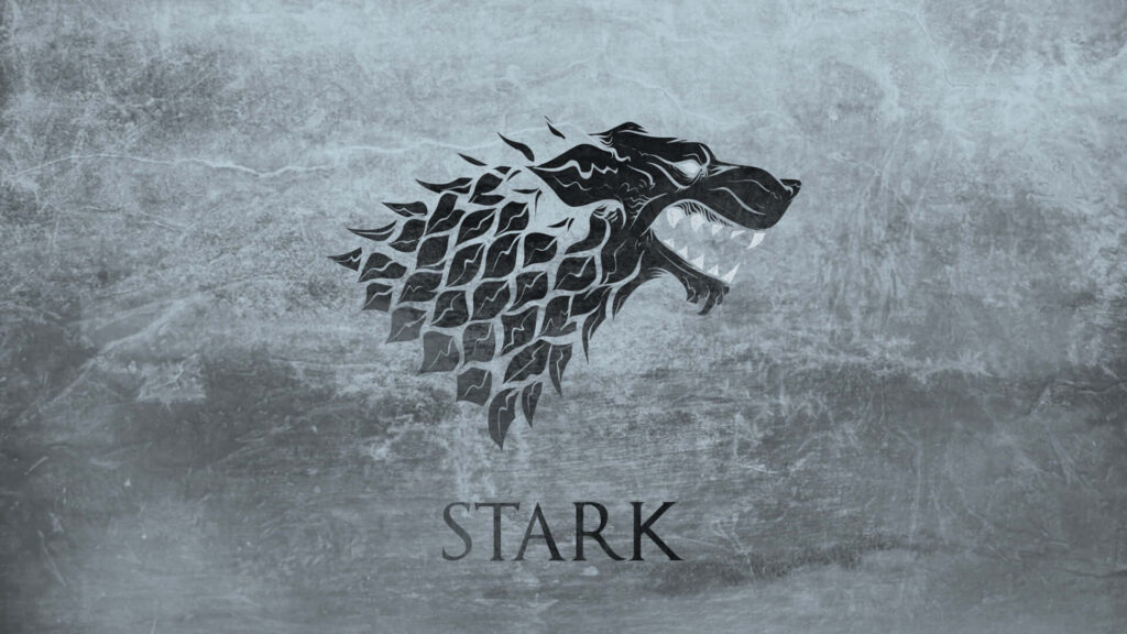 House Stark Wallpaper: Iconic Direwolf Emblem with Rugged Ice Design