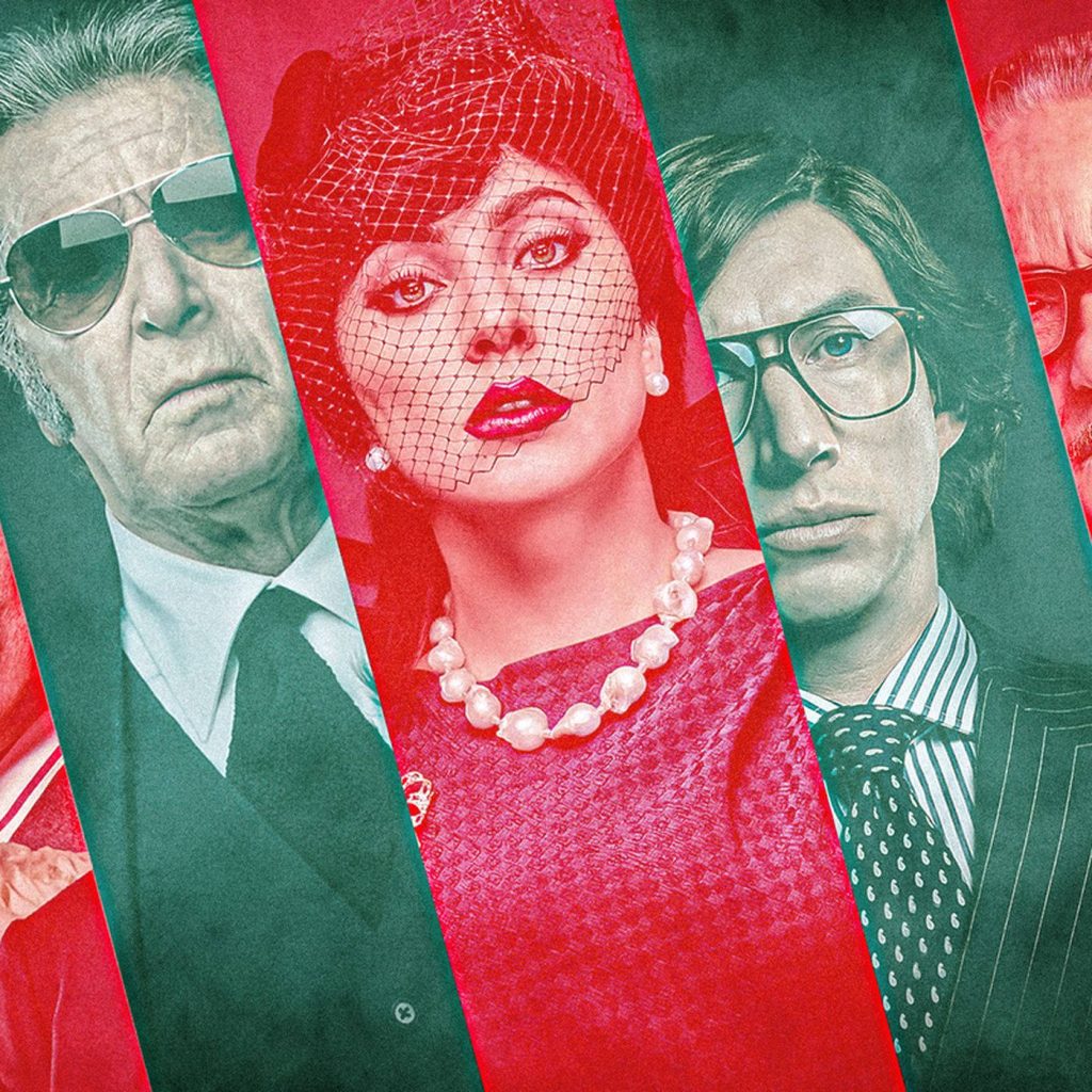 House of Gucci wallpaper featuring Al Pacino Lady Gaga Adam Driver in bold red green collage