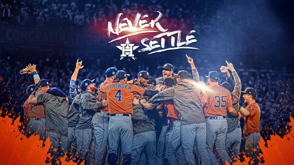 Houston Astros Celebrate Under Never Settle Banner George Springer Justin Verlander Wallpaper