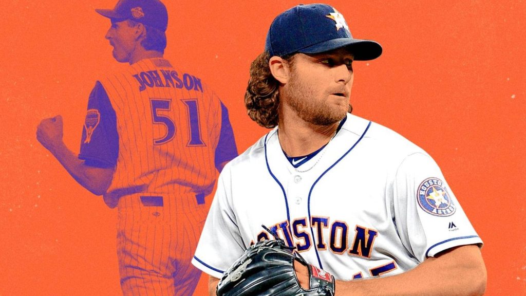 Houston Astros Legends Wallpaper Gerrit Cole and Hall of Famer Randy Johnson Tribute Orange Background