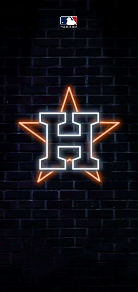 Houston Astros phone wallpaper with neon H star logo on dark brick wall MLB background
