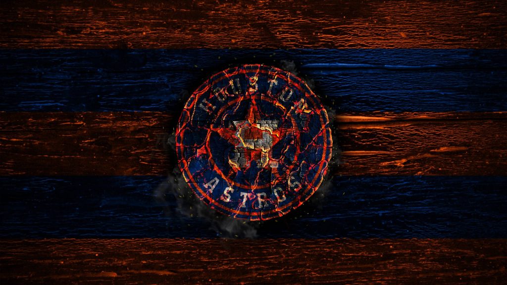 Houston Astros logo weathered on navy blue and burnt orange wooden planks wallpaper background