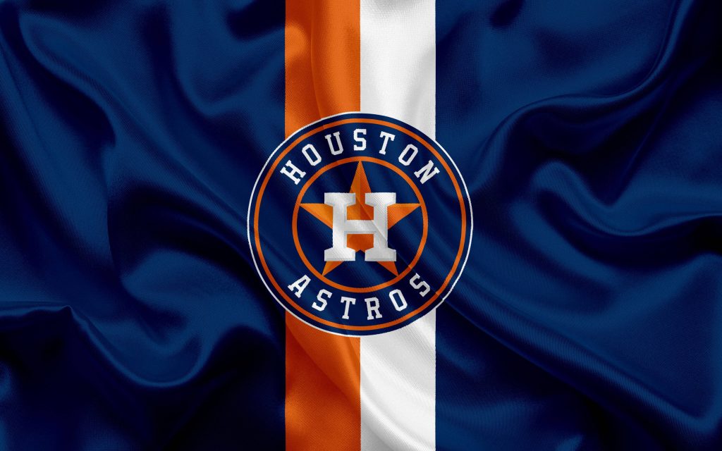 Houston Astros satin flag wallpaper with team logo on navy blue orange white fabric background