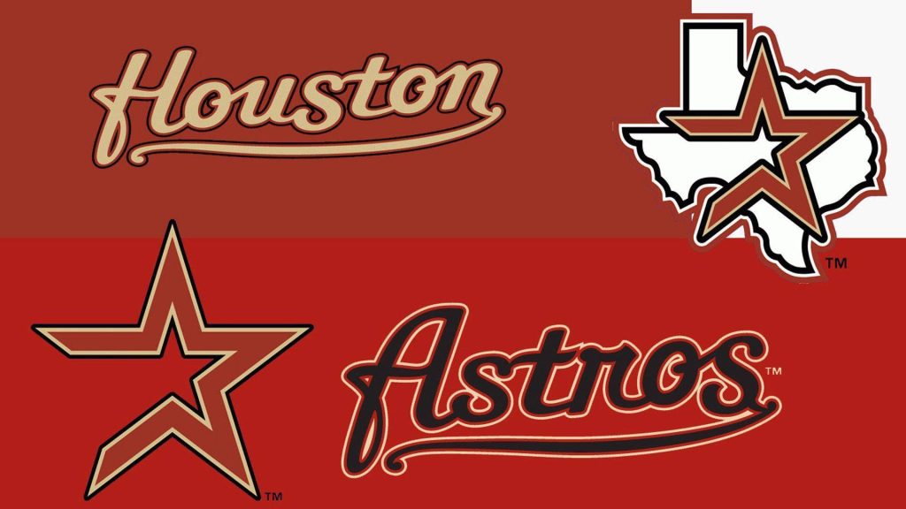 Houston Astros wallpaper with bold script logos and Texas outline on deep red background
