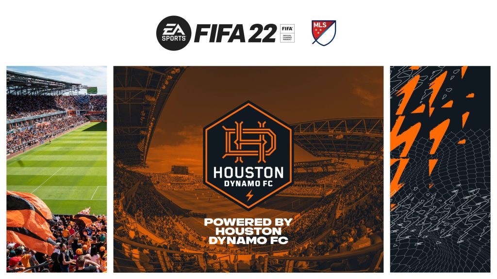 Houston Dynamo FC FIFA 22 wallpaper with MLS branding and vibrant orange lightning effects