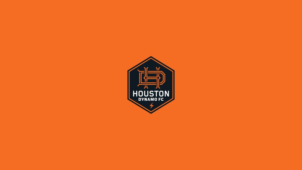Houston Dynamo FC wallpaper with hexagonal crest and lightning bolt on orange background
