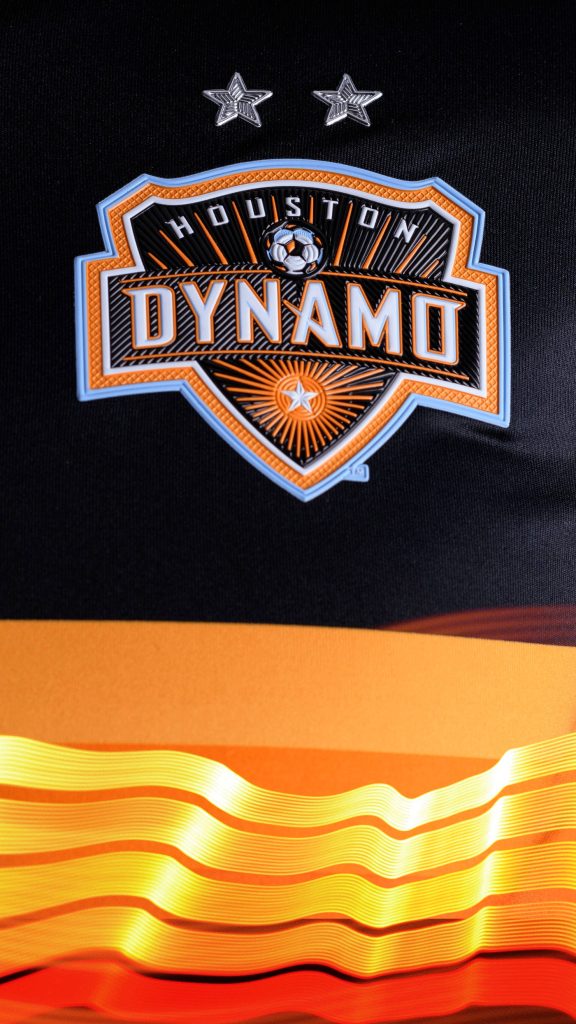 Houston Dynamo FC wallpaper with MLS crest, championship stars, and dynamic orange waves