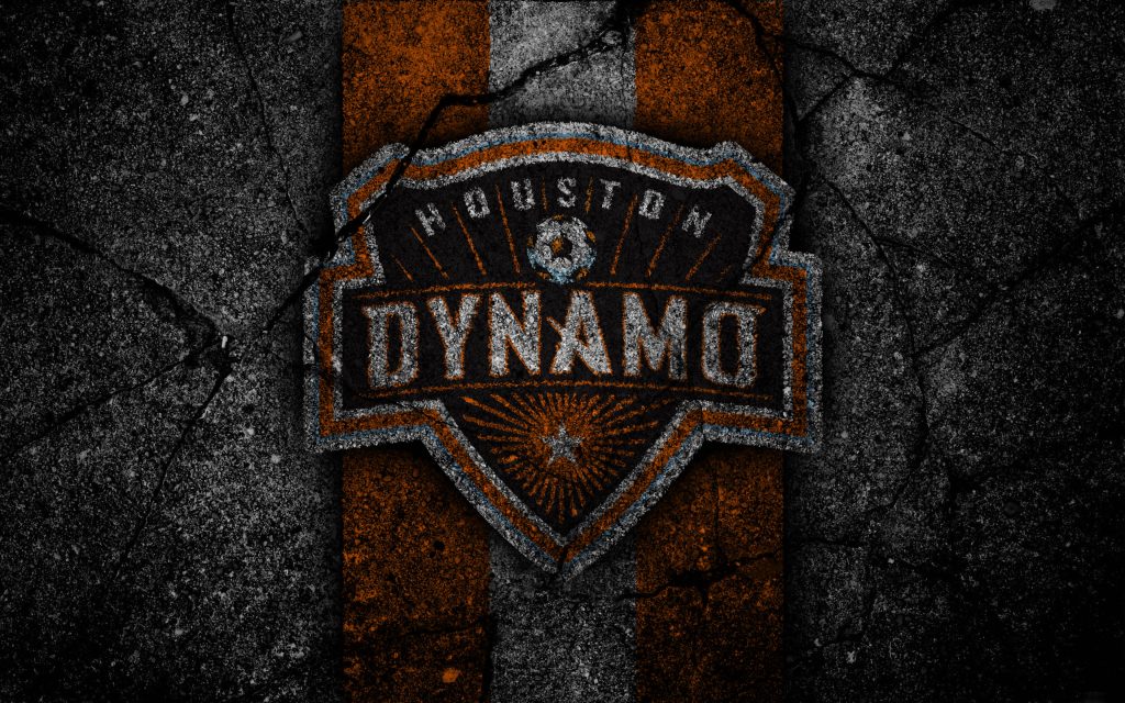 Houston Dynamo MLS wallpaper with classic crest on cracked black stone and orange stripes