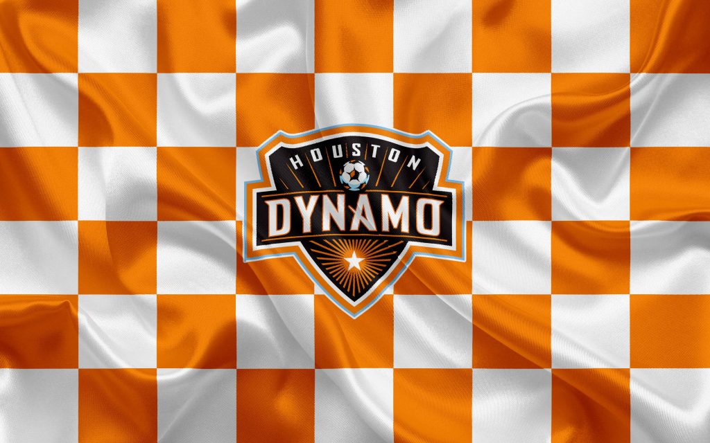 Houston Dynamo wallpaper with official crest on textured orange and white checkered flag background