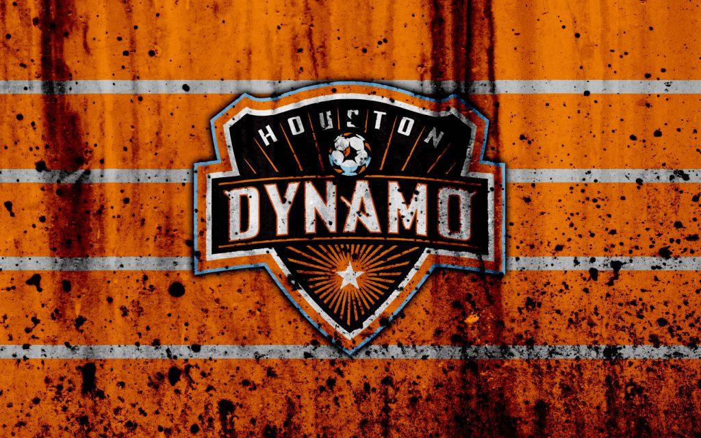 Houston Dynamo logo on weathered orange white striped metal grunge soccer wallpaper background