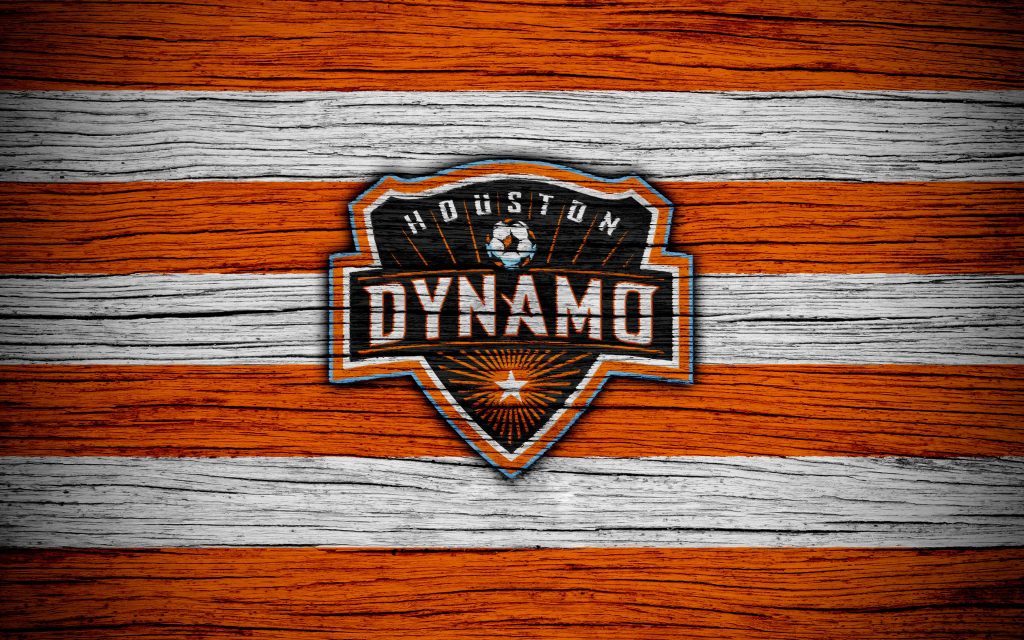 Houston Dynamo wallpaper with classic crest on rustic orange and white wooden plank background
