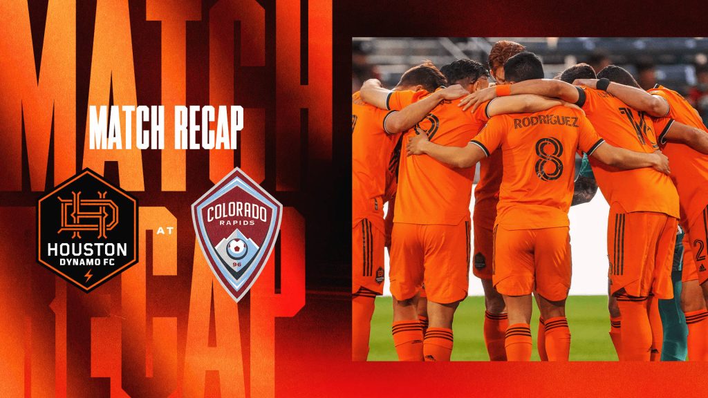 Houston Dynamo vs Colorado Rapids match wallpaper orange backdrop players huddle Rodriguez 8 jersey