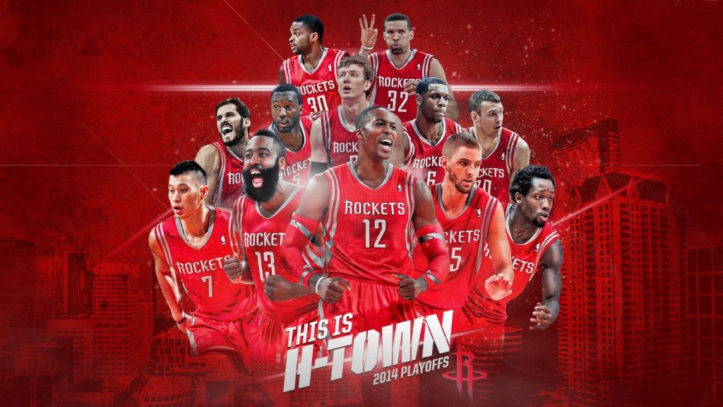 Houston Rockets 2014 Playoffs roster with James Harden Dwight Howard Jeremy Lin cityscape background Wallpaper