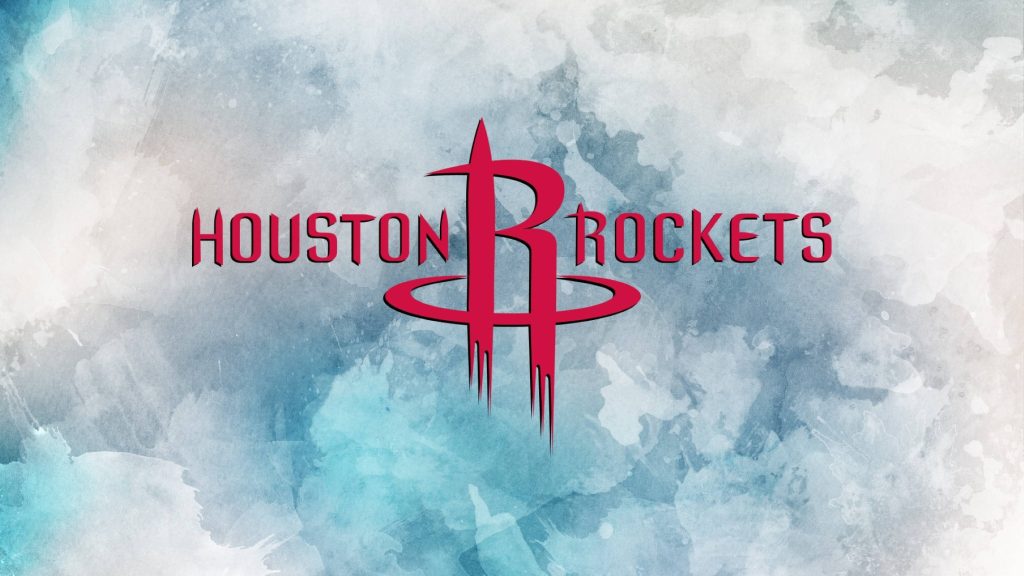 Houston Rockets brush art wallpaper with red logo on abstract blue and white watercolor background