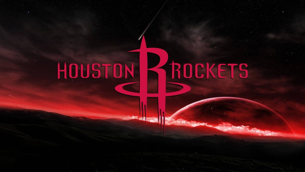 Houston Rockets logo wallpaper with glowing red planet meteor deep black and red tones background