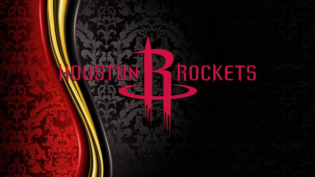 Houston Rockets logo on dark damask background with flowing gold and red curves wallpaper