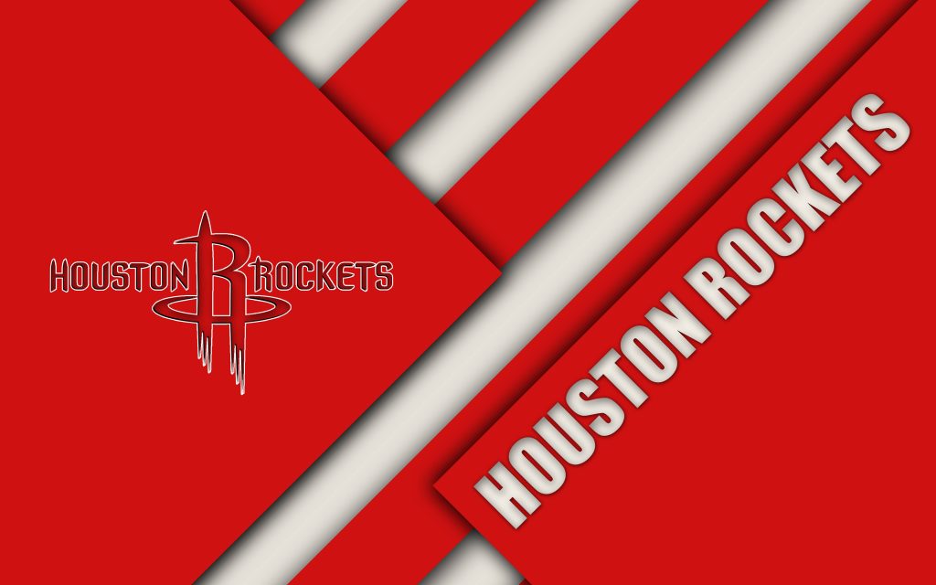 Houston Rockets wallpaper with minimalist geometric red stripes and bold NBA team logo background