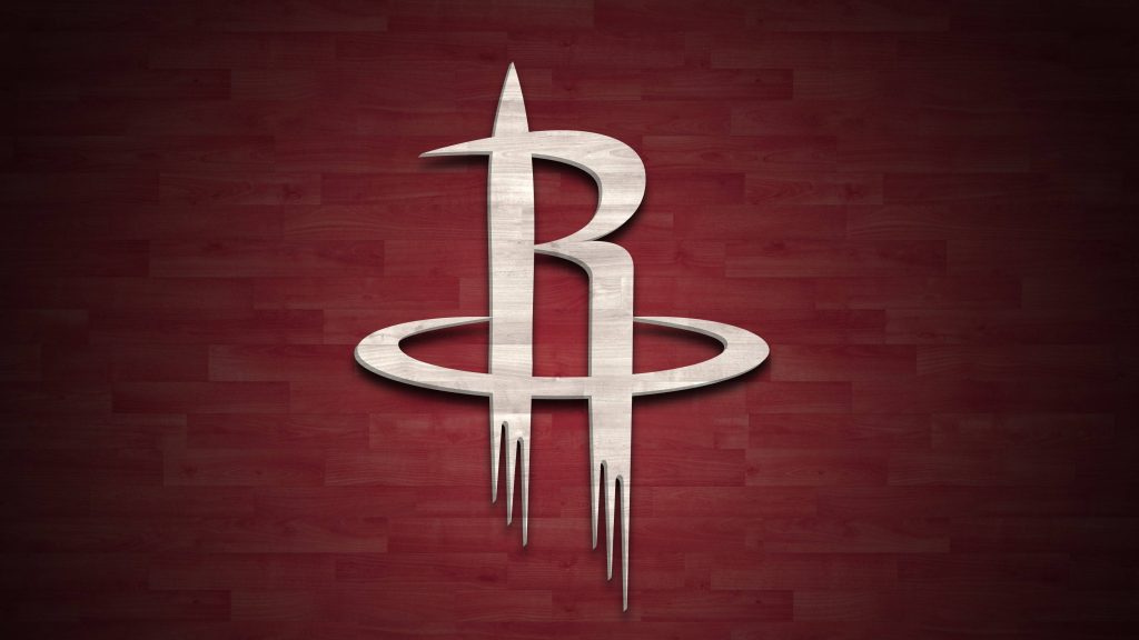 Houston Rockets logo wallpaper with wood grain texture on dark red basketball court background