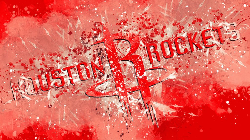 Houston Rockets logo with dynamic white paint splatter on vibrant red textured wallpaper background