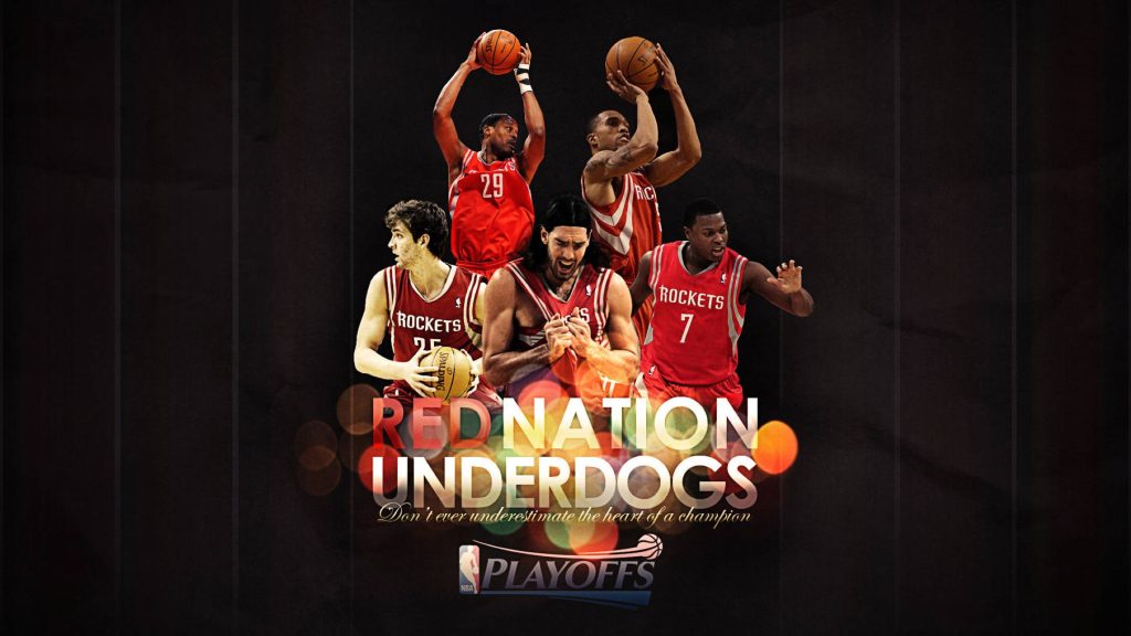 Houston Rockets Red Nation Underdogs wallpaper with iconic players and warm bokeh lighting