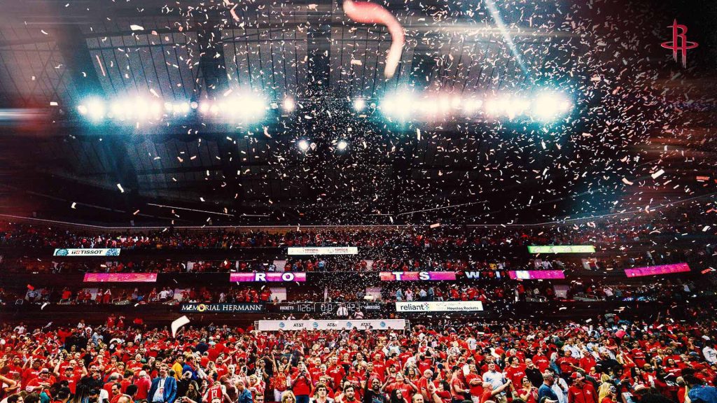 Houston Rockets fans celebrate thrilling 126-121 NBA win over Warriors with confetti and bright lights Wallpaper