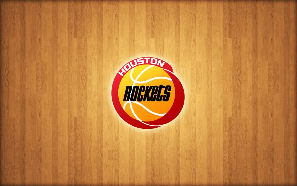 Houston Rockets vintage logo wallpaper with bold yellow basketball on polished hardwood court
