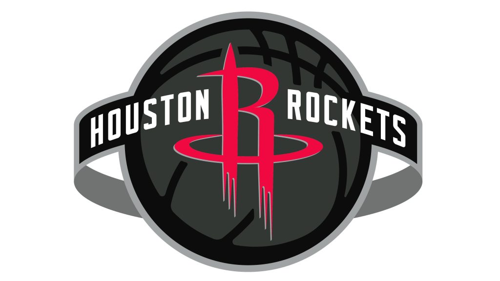 Houston Rockets wallpaper with red stylized R and hoop over black basketball background