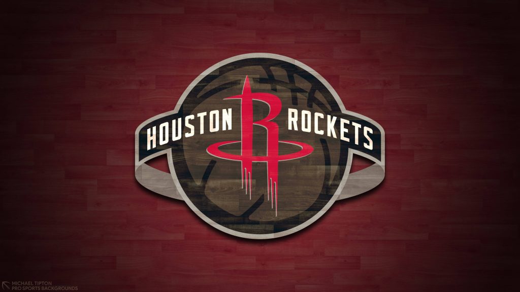 Houston Rockets wallpaper with iconic R logo on dark red wooden basketball court background