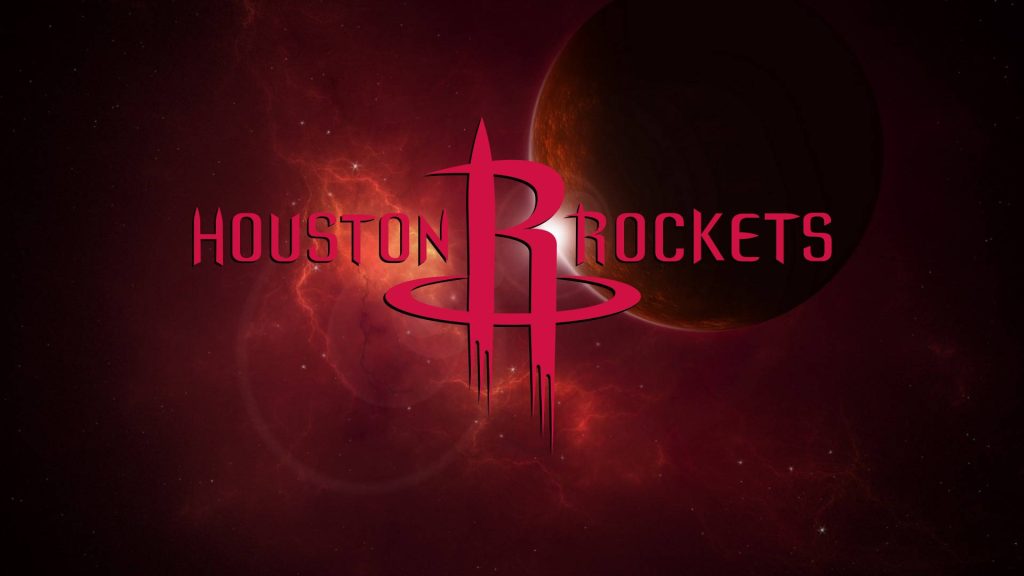 Houston Rockets NBA logo wallpaper cosmic deep red background dark moon basketball art