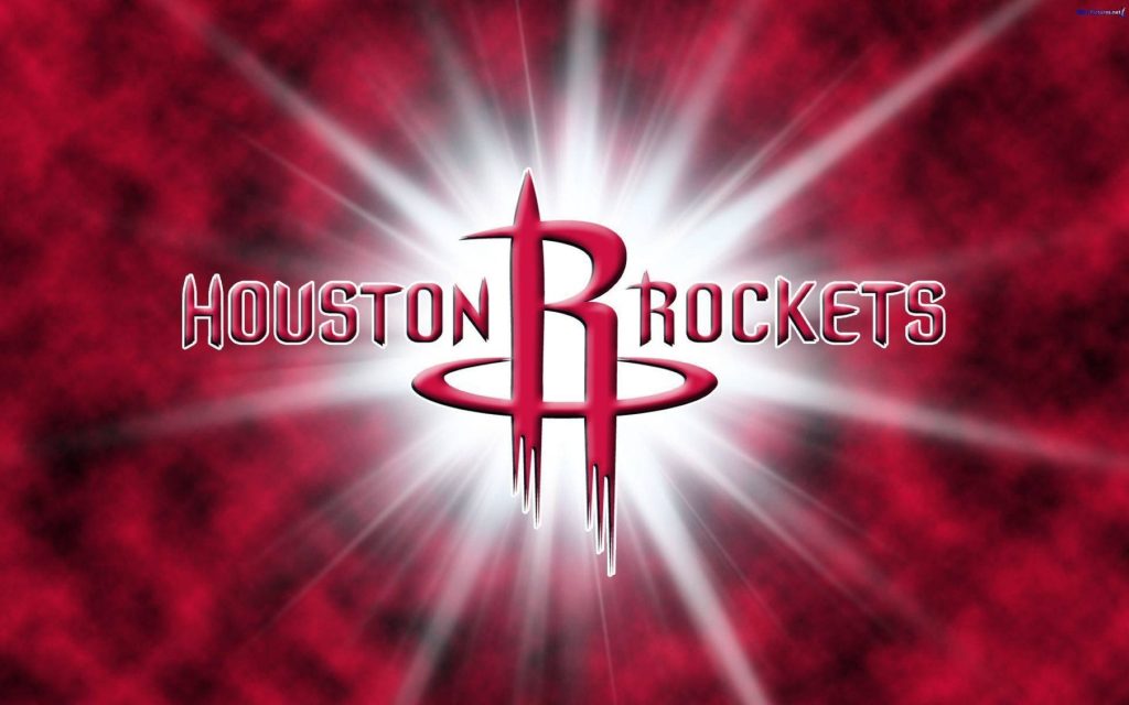 Houston Rockets logo wallpaper with smoky red black background and radiant light effect