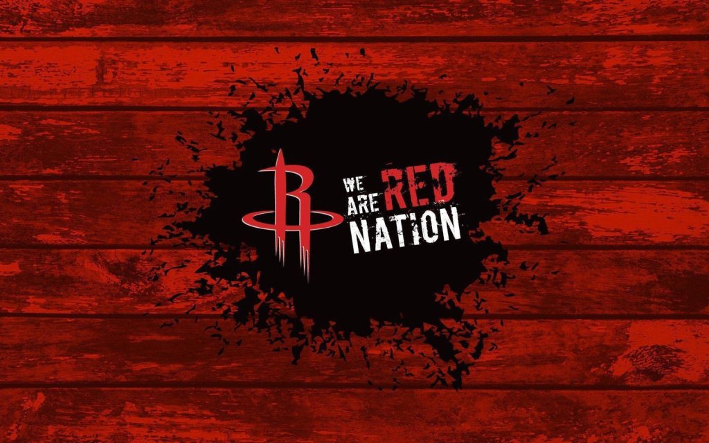 Houston Rockets wallpaper with team logo We Are Red Nation on red wooden plank background