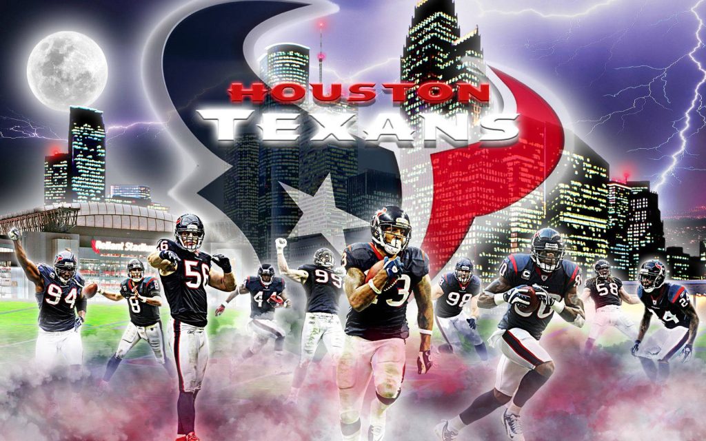 Houston Texans wallpaper with players, city skyline, Reliant Stadium, logo, lightning effects