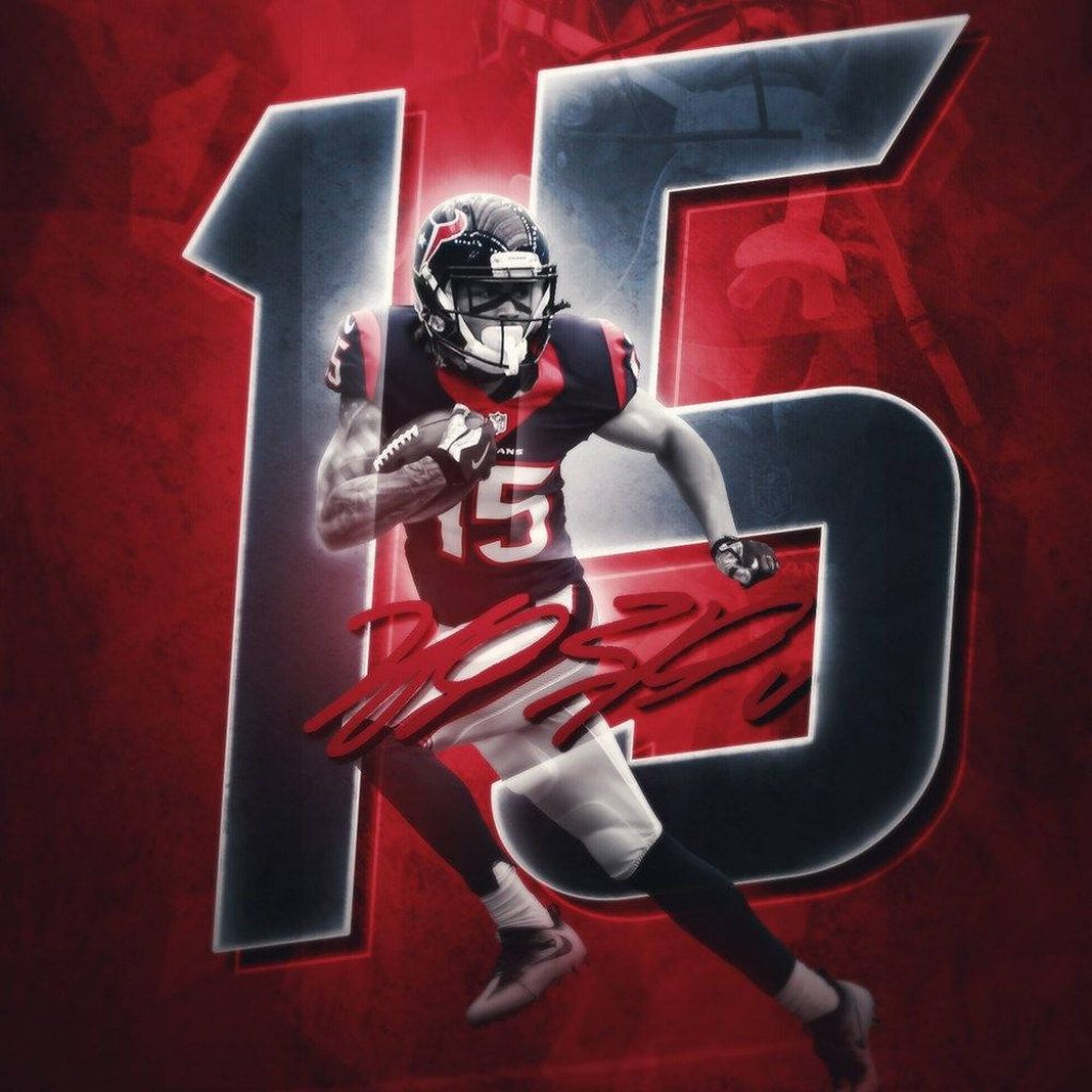Houston Texans wallpaper with player in navy red uniform and bold number 15 on red background