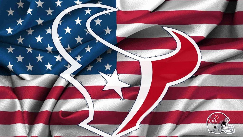 Houston Texans wallpaper with bold bull logo over rippled American flag background desktop