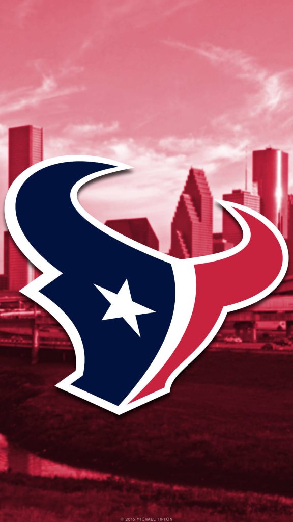 Houston Texans NFL wallpaper featuring bold bull logo and red Houston skyline background