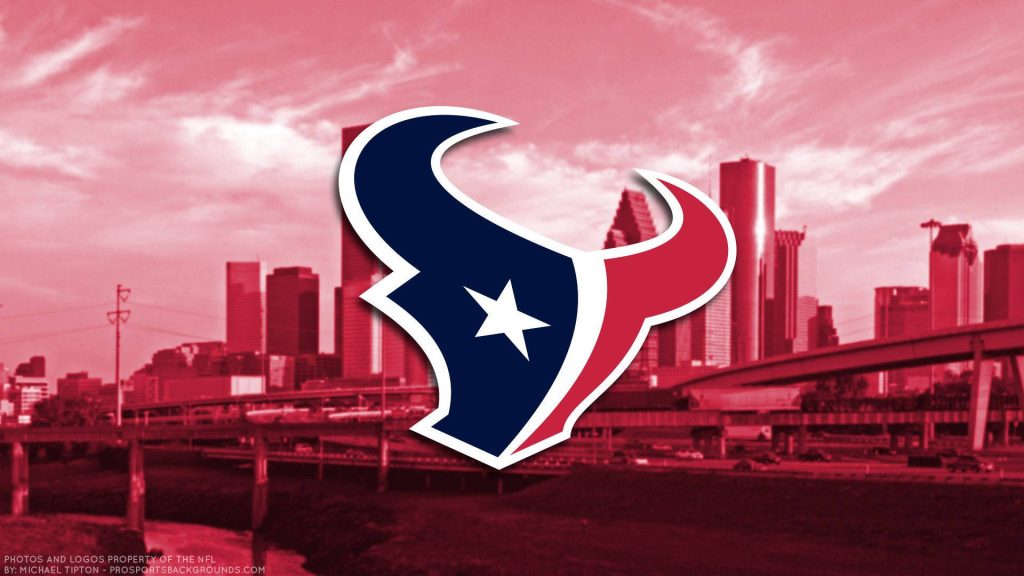 Houston Texans logo over red Houston skyline wallpaper showcasing NFL team pride