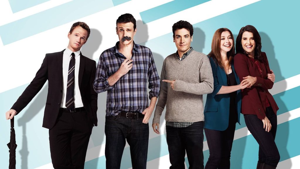 How I Met Your Mother cast wallpaper bright blue striped background Neil Patrick Harris Jason Segel