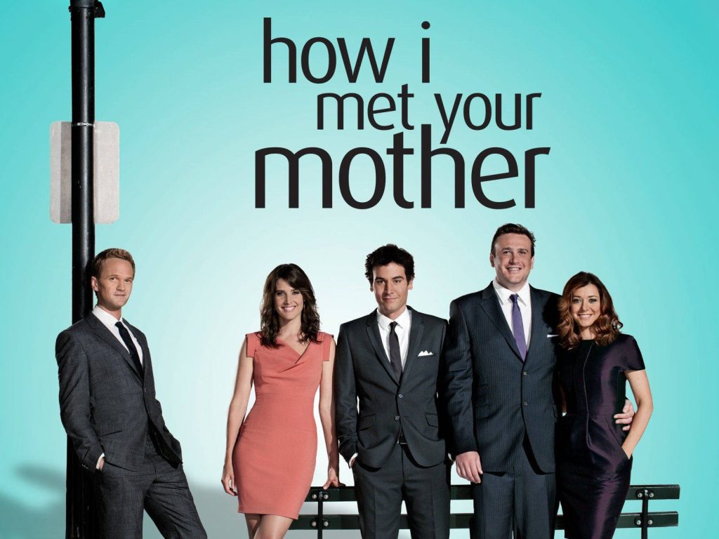 How I Met Your Mother cast in formal attire with street sign and bench on blue background wallpaper